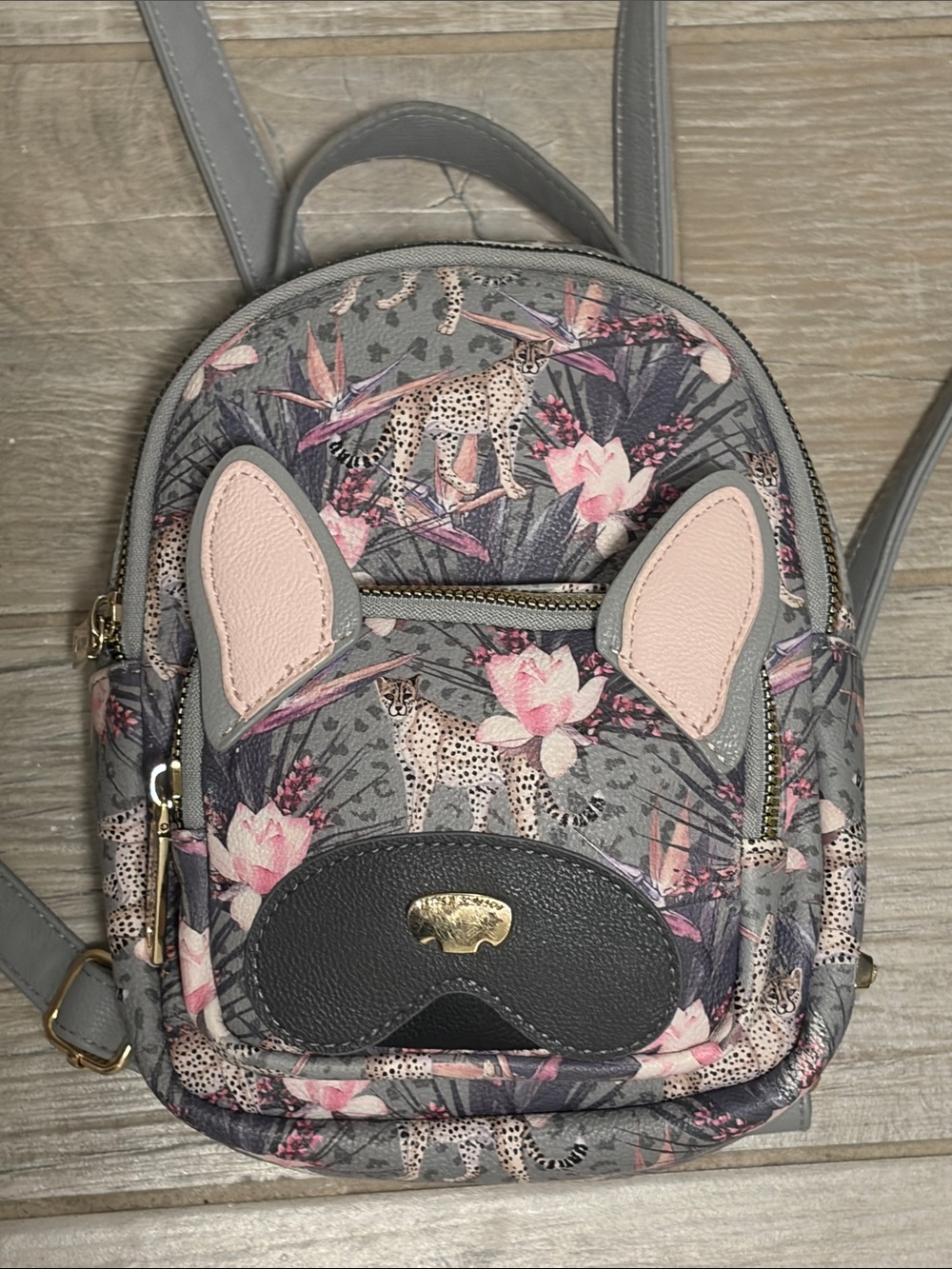 EUC Betsey Johnson Floral Leopard Mini Backpack with Pink Ear Accents